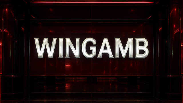 Wingamb Chrome giriş rehberi için lüks casino girişinde merkezi WINGAMB yazısı, kırmızı ve siyah tonlarla