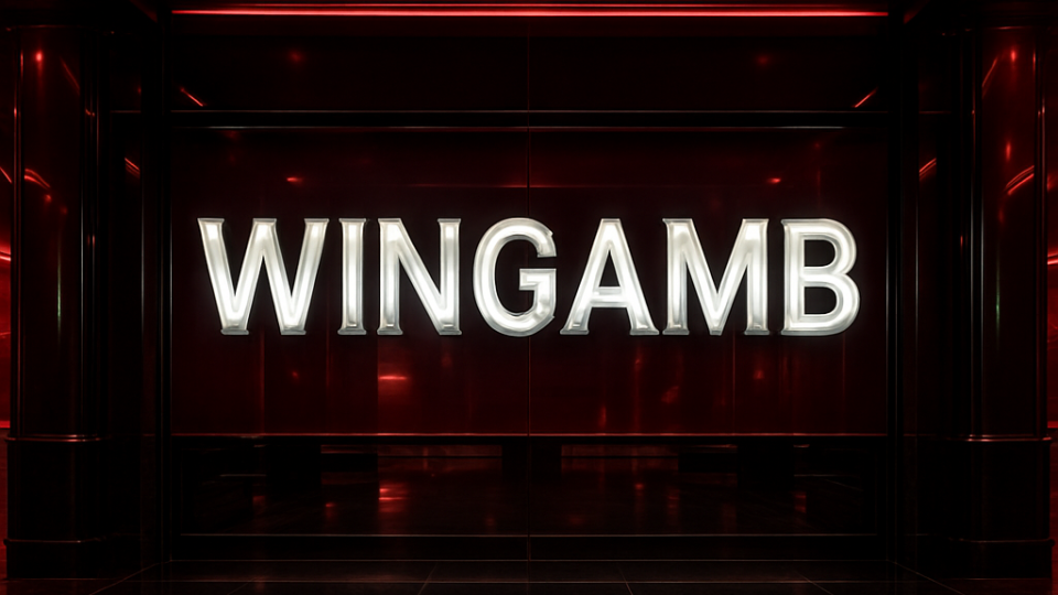 Wingamb Chrome giriş rehberi için lüks casino girişinde merkezi WINGAMB yazısı, kırmızı ve siyah tonlarla