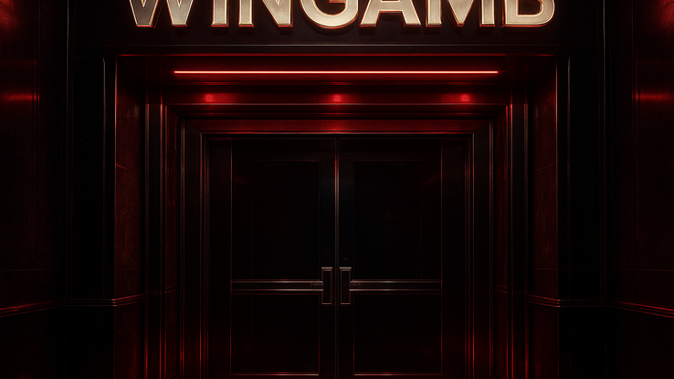 Wingamb hesap kilidi açma için lüks casino girişinde WINGAMB yazısı