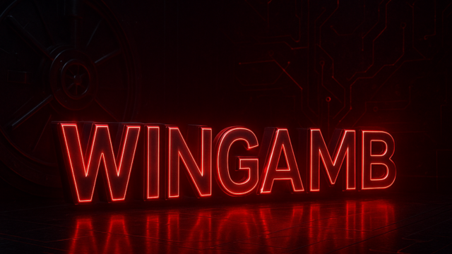Lüks bir casinoda kırmızı Tron detaylı, merkezi WINGAMB yazılı görsel