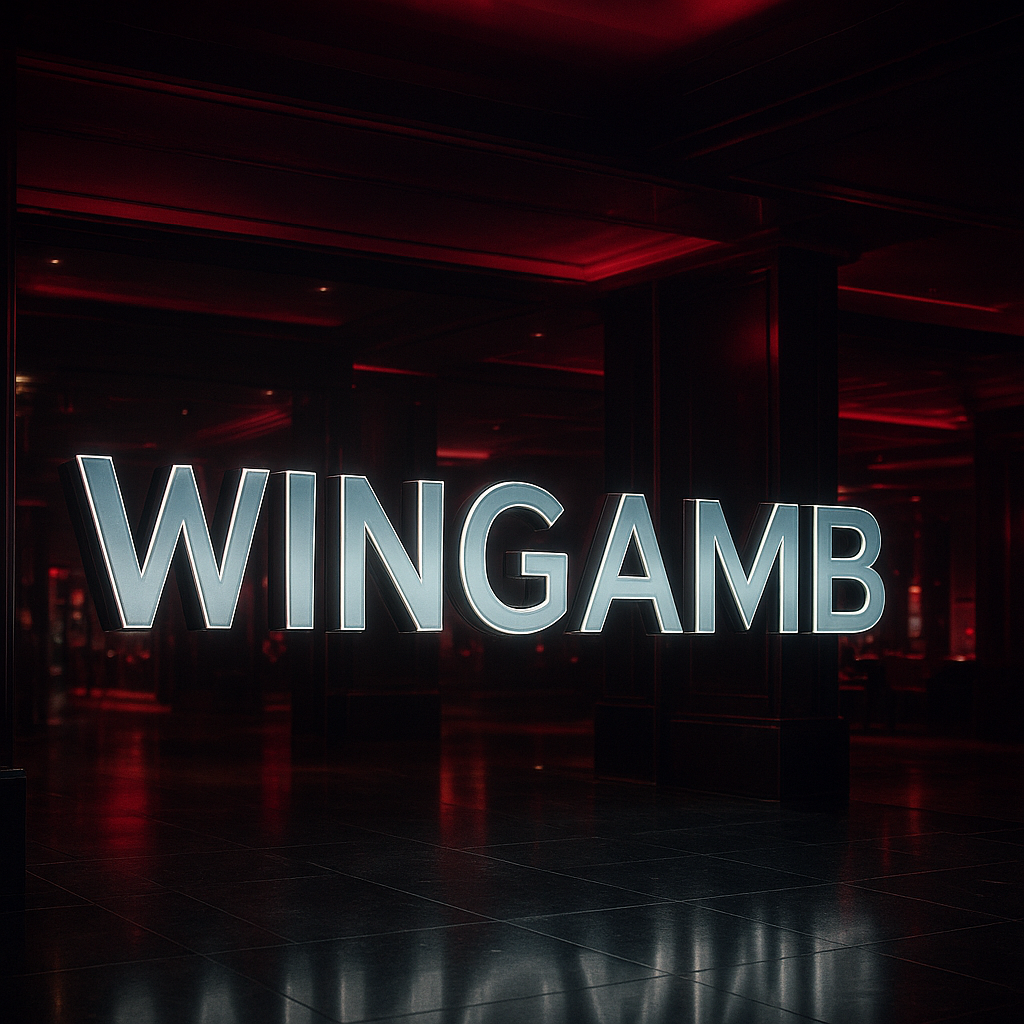 Wingamb Chrome giriş rehberi için lüks casino girişinde merkezi WINGAMB yazısı, kırmızı ve siyah tonlarla - hero