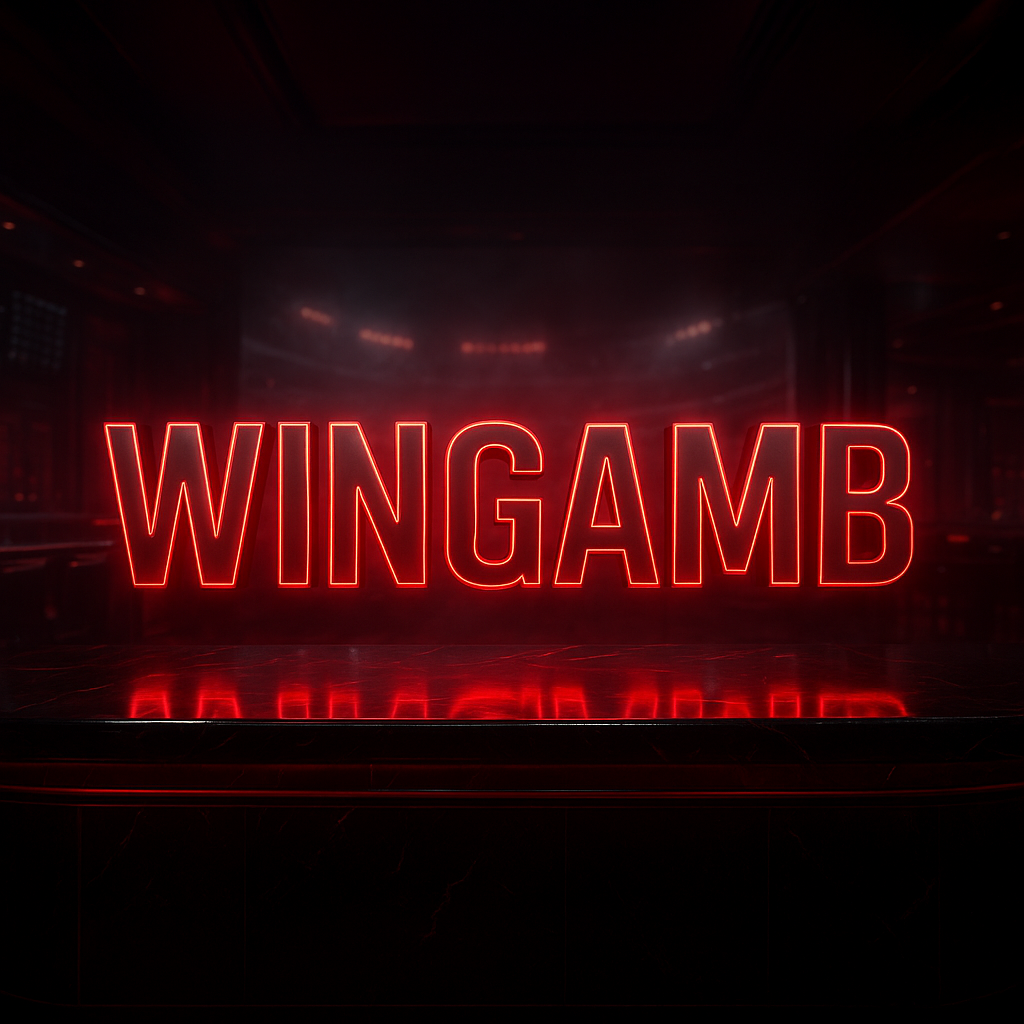 Lüks bir casino ortamında Wingamb maç sonucu bahisleri için kırmızı neonla aydınlatılmış merkezde WINGAMB yazısı - hero